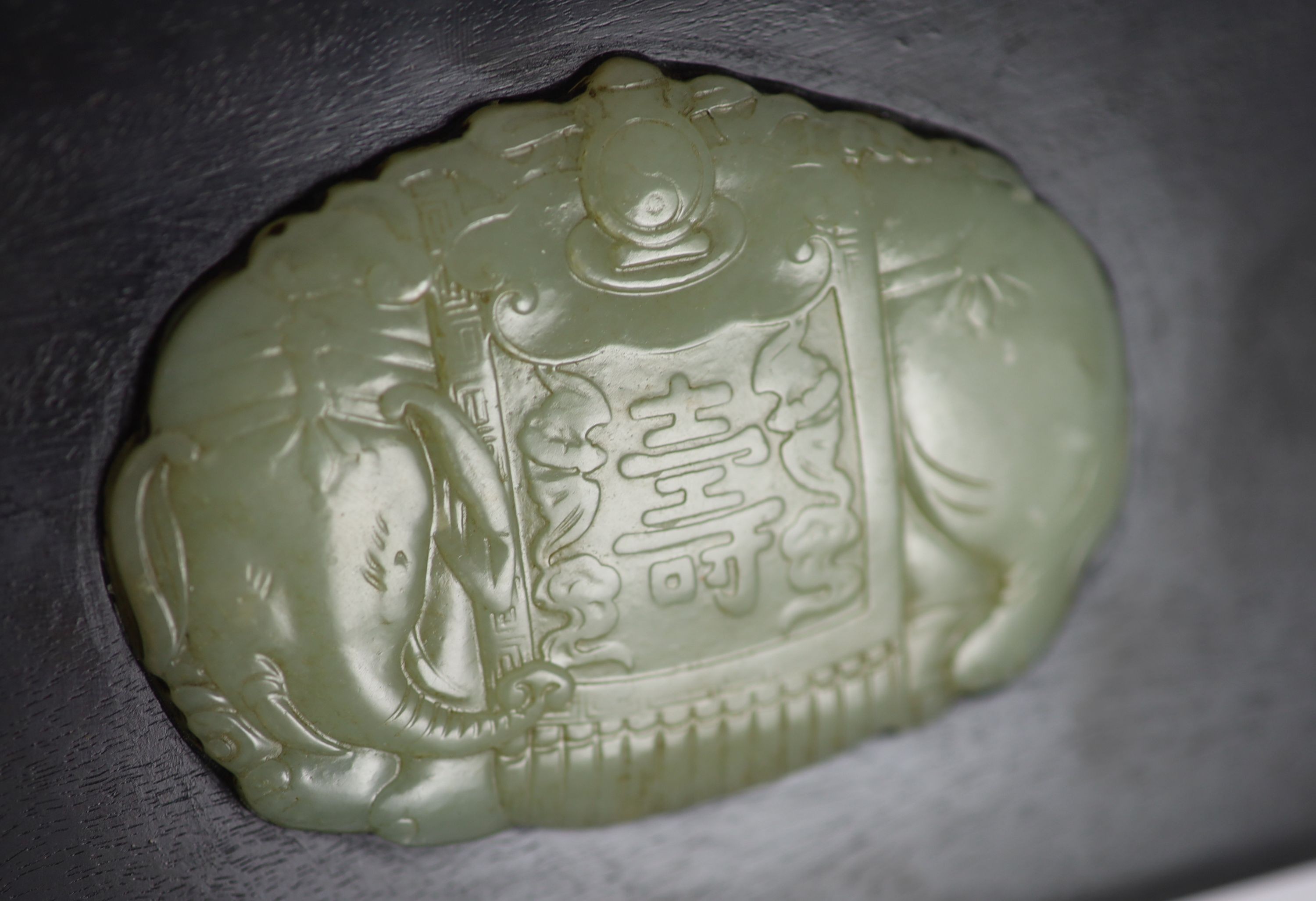 A Chinese pale celadon jade mounted wood box, 18cm x 12 cm